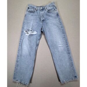 AGOLDE High Rise Straight Leg Distressed Jeans Light Wash Blue Button Fly Denim